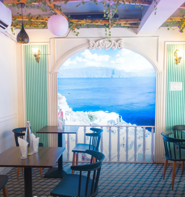 Cafe Courtyard Interior with Mediterranean View
